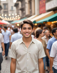 Naklejka premium Picture of a young man with a smile face in public street 