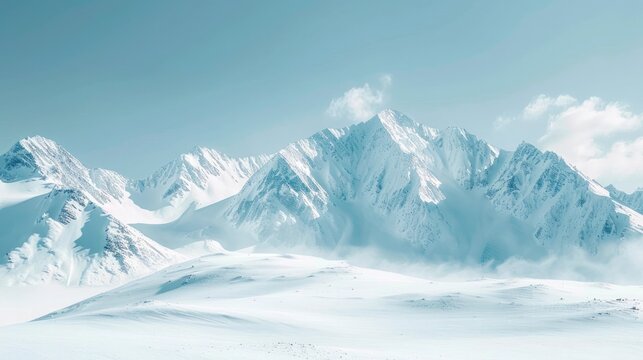 Majestic snowy mountain peaks reaching up into the crisp clear sky in a serene frozen wilderness landscape  This dramatic awe inspiring alpine scene evokes a sense of adventure