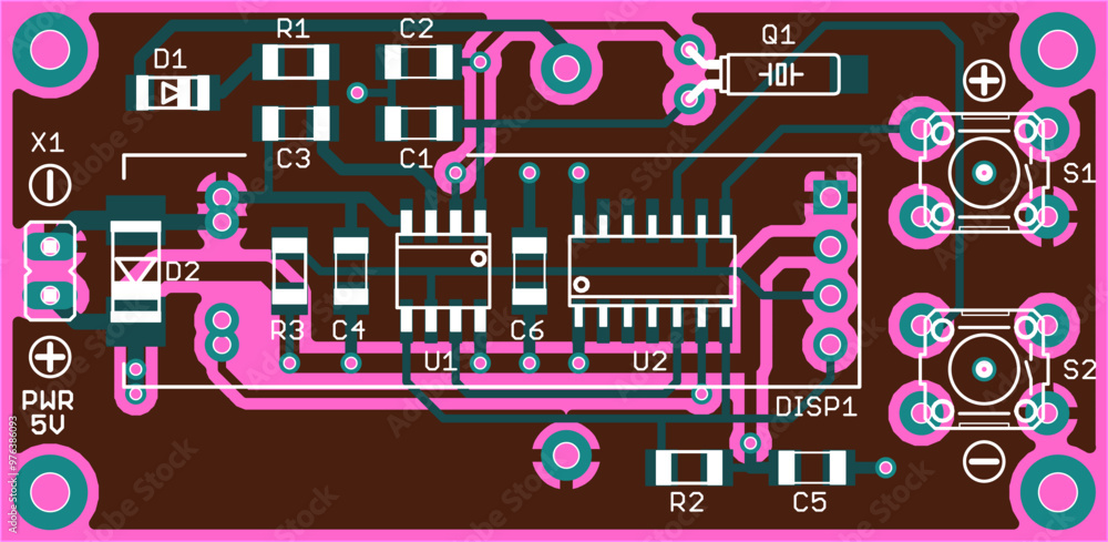 Poster vector printed circuit board of electronic device with components of radio elements, conductors and 