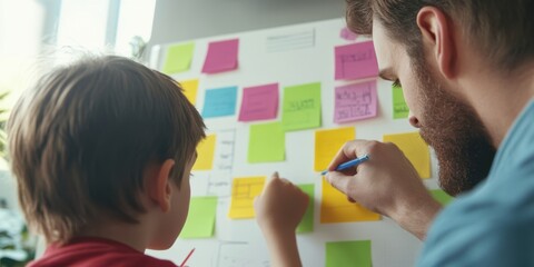 A father is enthusiastically helping his young son to place colorful sticky notes on a whiteboard, showcasing a moment of collaboration and learning together.