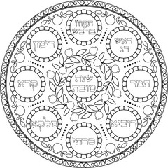 Judaica Rosh Hashanah simanim plate decorative illustration with Hebrew titles. Jewish art black linear traditional seder platter. Judaism coloring page. Translation: "A good year"