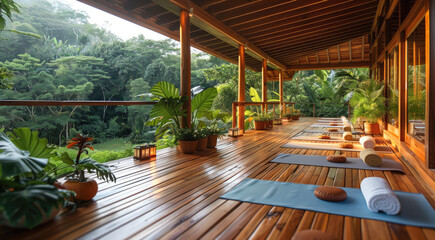Fototapeta premium A wellness retreat with yoga mats laid out on a wooden deck surrounded by nature. Generative AI.
