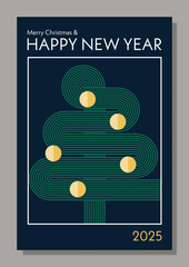 Merry Christmas and Happy New Year greeting card, event poster layout in modern abstract geometric style. Conceptual illustration with Christmas tree. Bauhaus style