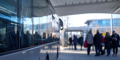 A group of people are boarding a bus at a modern urban bus station. The station's architecture and the bus are prominent, showcasing daily commuting life.