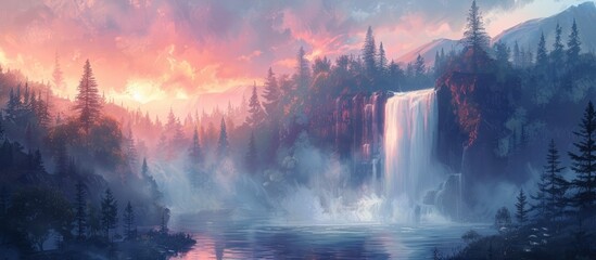 Obraz premium Magnificent waterfall cascading into a serene lake surrounded by towering snow capped mountains and a dense lush forest The sky is ablaze with a breathtaking sunrise casting a warm