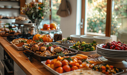 A beautifully organized kitchen with pre-prepared Thanksgiving dishes neatly arranged on the countertop, ready to be served. Generative AI.