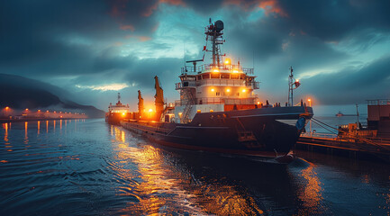 Fototapeta premium The platform supply ship sails into the conference dock at dusk, with lights on the ship illuminating. Generative AI.