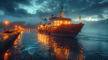 The platform supply ship sails into the conference dock at dusk, with lights on the ship illuminating. Generative AI.