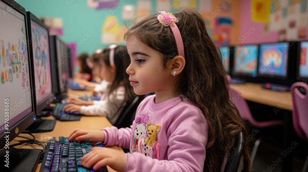 Poster elementary students learning coding, digital literacy in nurturing setting.