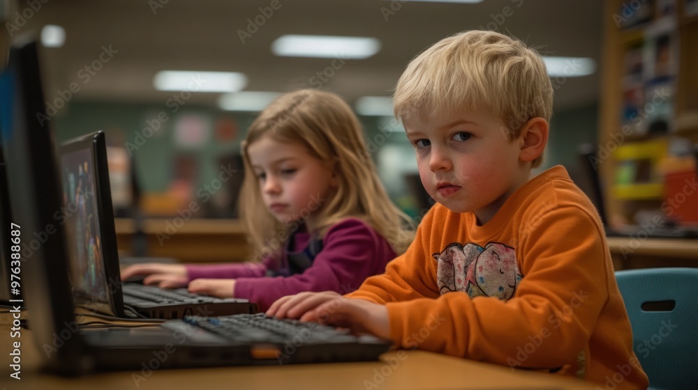 Aufkleber elementary students learning coding, digital literacy in supportive classroom.