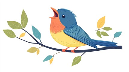 Cartoon animal illustration of a bird perched on a branch, singing happily