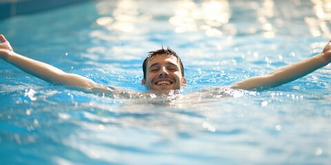 A relaxed man is floating on his back with arms spread wide in a sunlit swimming pool, his face showing pure contentment and tranquility, surrounded by sparkling water.