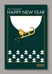 Merry Christmas and Happy New Year greeting card, event poster layout in modern abstract geometric style. Conceptual illustration with Santa sled. Bauhaus style