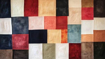 Contemporary quilted wall hanging, abstract earth tones, natural light, detailed stitching.