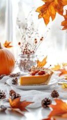 A lovely Thanksgiving table with pumpkin pie and autumn leaves sets a warm ambiance