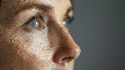 Obraz premium Elegant mature woman in studio showcasing skincare, cosmetics, and anti-aging treatments. Aesthetic model on neutral background for self-care and healthy makeup glow