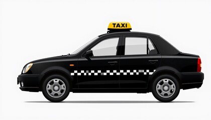 Fototapeta premium Black Taxi with Yellow Roof Sign and Checkered Side Design on White Background 