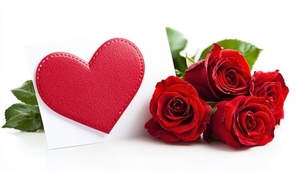 A festive Valentine's Day card adorned with a red heart beside vibrant red roses