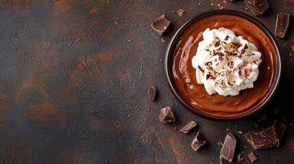 A high-quality AI-generated stock image of a decadent chocolate mousse with whipped cream on the right side, leaving space on the left for text. Ideal for dessert, chocolate, and indulgent content.
