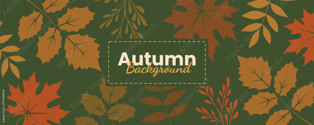 Aufkleber minimal simple autumn background with fallen dry colorful leaves on green backdrop. horizontal abstr