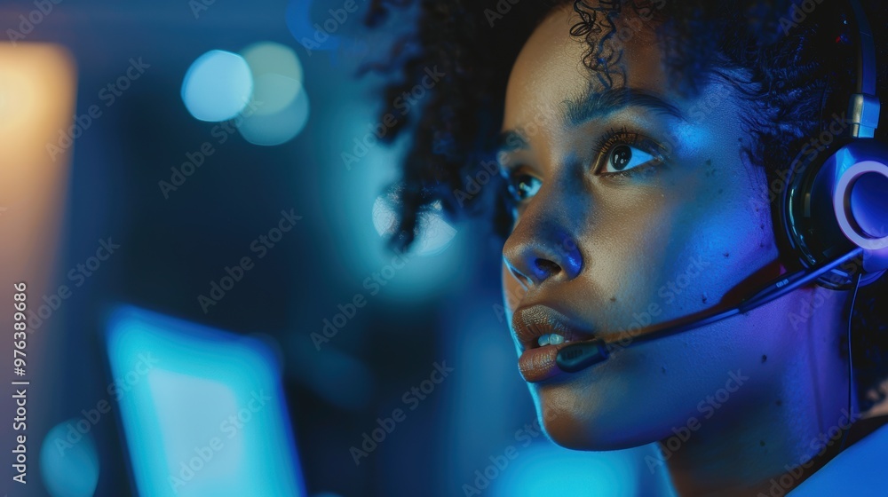 Poster female customer support representative using a computer and headset to assist clients during a night
