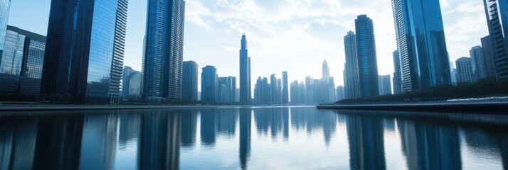 Obraz premium City skyline featuring tall skyscrapers, reflected perfectly on calm water under a clear sky, portraying urban development and serene beauty in an architectural landscape.