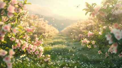 Fototapeta premium Enchanting pink spring blossoms in a lush verdant garden landscape with winding paths surrounded by leafy trees and bathed in soft dreamy sunlight A serene picturesque and fairy tale like scene