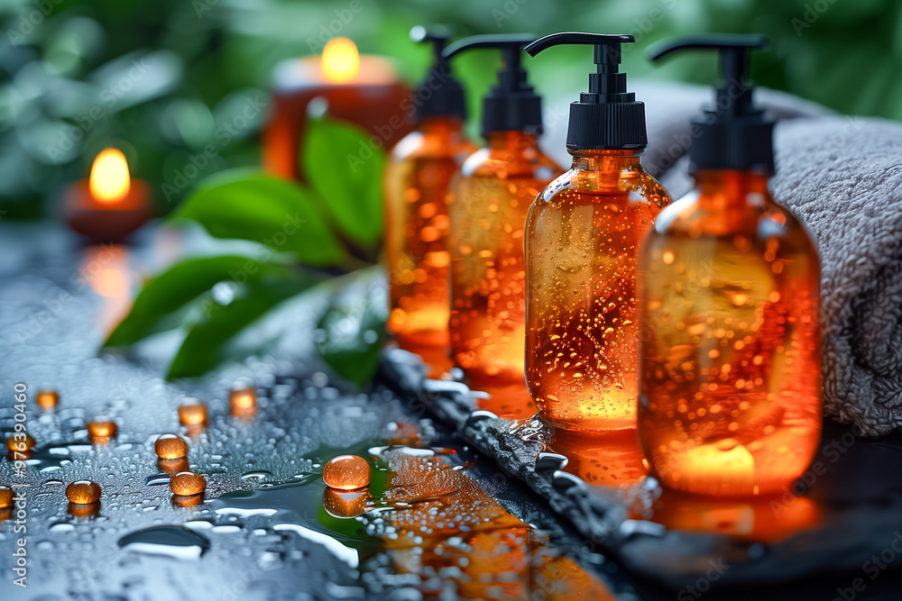 Poster amber bottles filled with fragrant oils are elegantly arranged on a dark stone surface, complemented