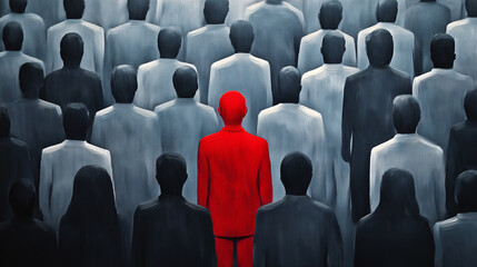 Obraz premium Red figure standing out in a grayscale crowd