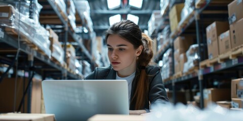Businesswoman strategizing logistics in office with laptop for retail delivery planning. Collaborating and discussing optimal package distribution routes