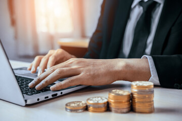 Businessman working with coin money currency. Concept of investment growth and money saving. uds