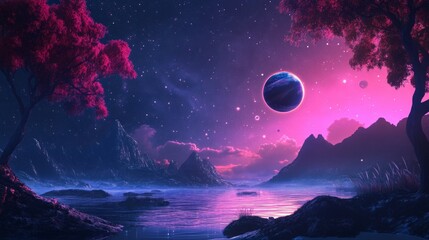 Fototapeta premium Fantasy art of a night sky with planets, glowing trees, and mountains