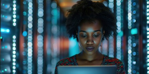 Overlay of data featuring a woman using a laptop in a tech environment, focusing on the future of digital software, coding, and advancements in machine learning and analytics