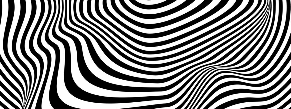 Groovy psychedelic pattern with undulated black and white stripes. Hypnotic optical illusion. Trippy abstract wallpaper. Modern wavy print. Hypnotherapy or trance concept. Vector graphic illustration