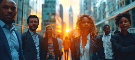 Obraz premium Diverse business team in city, partnership, business, team, meeting, professional, city. Generative AI.
