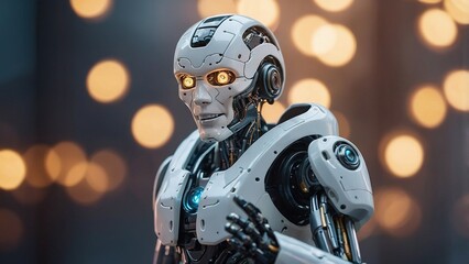 Futuristic humanoid robot with mechanical features and illuminated eyes in a dark environment
