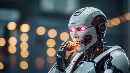 Fototapeta premium Futuristic humanoid robot with mechanical features and illuminated eyes in a dark environment