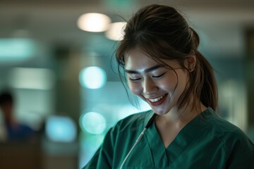 Fototapeta premium Joyful young nurse smiling at reception with phone in hand. Healthcare theme