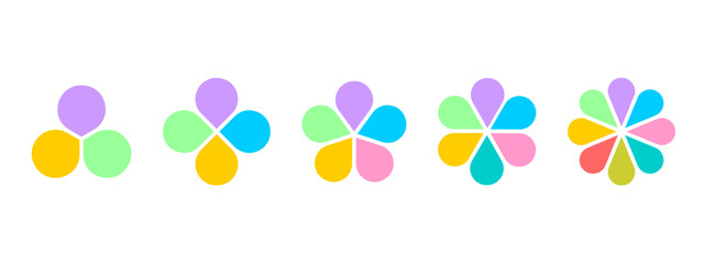 Colorful flower diagrams with petals. Floral pie charts divided on equal sectors from 3 to 8 in leaf shapes isolated on white background. Data presentation templates. Vector flat illustration.