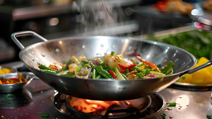 A large stainless steel wok with stir-fried vegetables inside