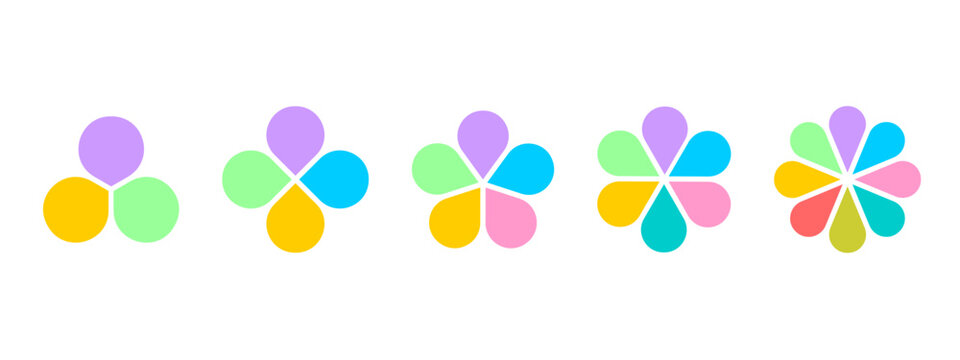 Colorful flower diagrams with petals. Floral pie charts divided on equal sectors from 3 to 8 in leaf shapes isolated on white background. Data presentation templates. Vector flat illustration.
