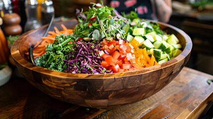 A large, wooden salad bowl filled with fresh greens and colorful vegetables