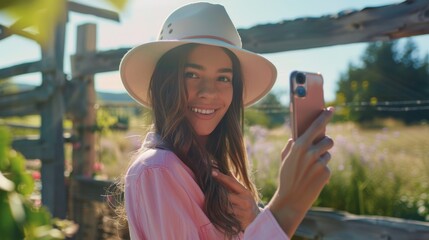 Young woman capturing a photo with her phone while enjoying a nature-filled weekend getaway. Embracing travel and freedom, she smiles during her adventure