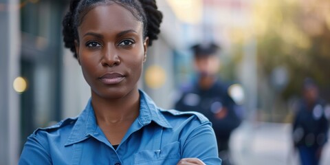 Obraz premium Portrait of a serious female security officer in a blue shirt standing confidently with arms crossed, representing safety and surveillance in an urban environment