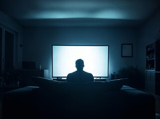 A man sitting on a bed and watching erotic film in the television in the dark. Adult films addiction © Michael