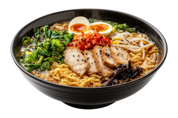 Ramen noodle soup in bowl isolated on transparent background.