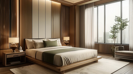 Elegant bedroom that merges New Chinese aesthetics with contemporary luxury. The room features a large bed with a sleek wooden frame and plush bedding in neutral tones. Generative AI.