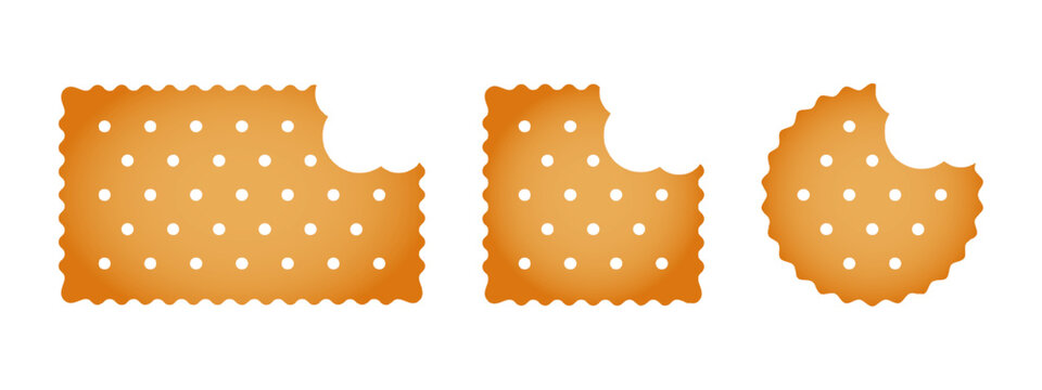 Set of bitten crackers. Sweet or salty biscuit cookies in round, square and rectangle shapes. Popular children crunchy snacks isolated on white background. Vector cartoon illustration.