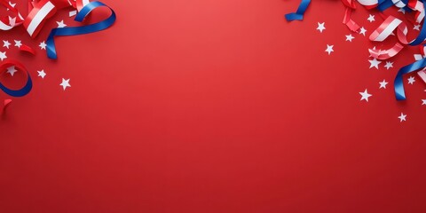 A red background adorned with celebratory ribbons and star confetti, creating a festive and patriotic atmosphere, ideal for holiday or celebratory design purposes.