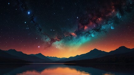 Starlit night over tranquil lake with mountains reflecting in calm water at dusk